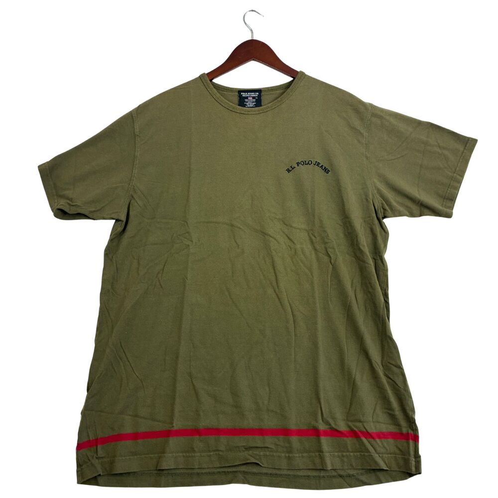 Polo Jeans Co Ralph Lauren Mens XL Olive Green T Shirt Red Stripe 100% Cotton